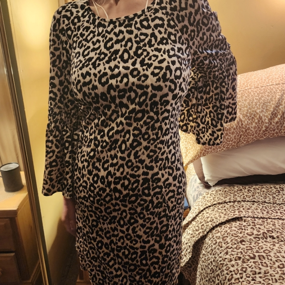Leopard Print Bell Sleeve Dress - Tan/Black